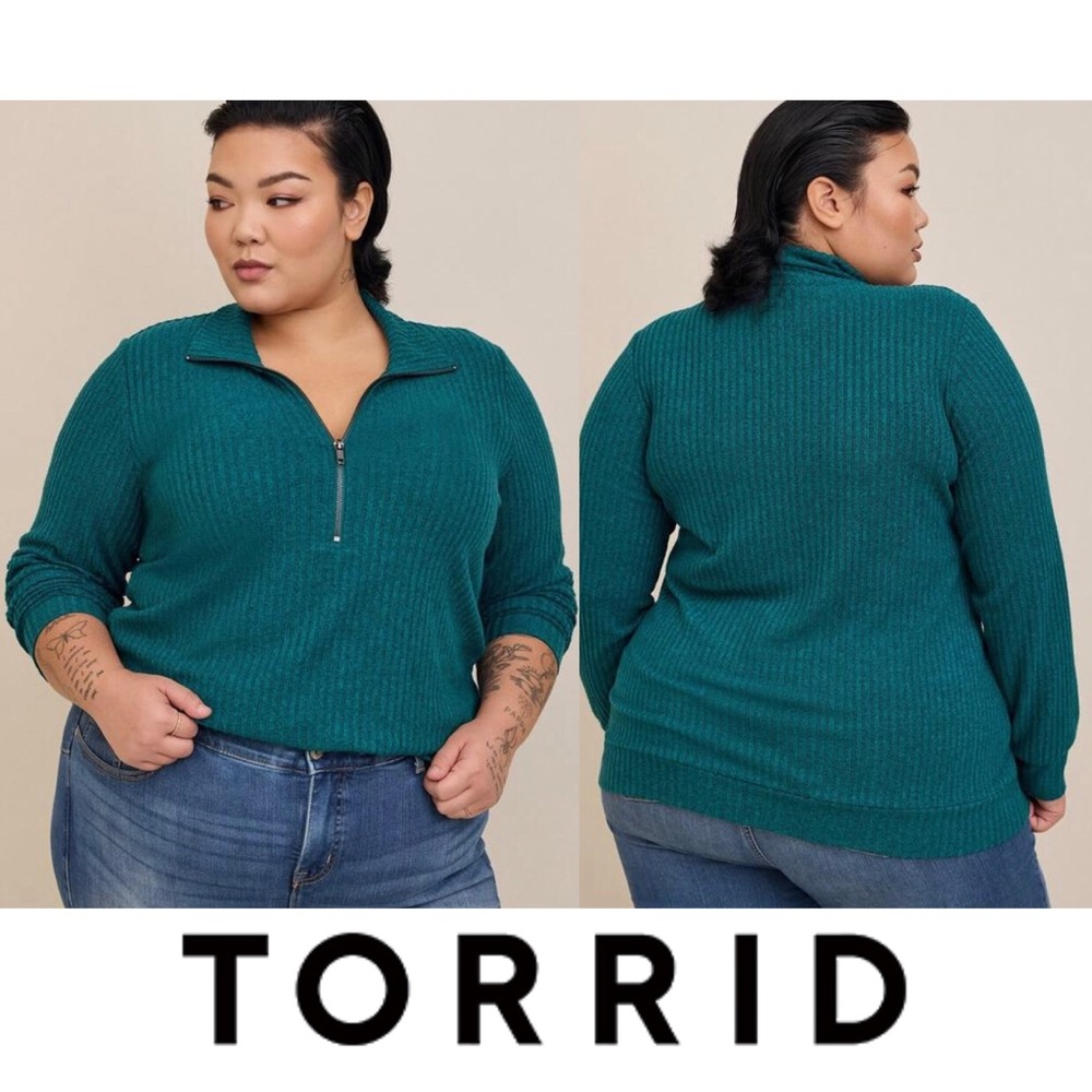 Torrid Teal Green Plush Ribbed Quarter Zip Collared Long Sleeve Top